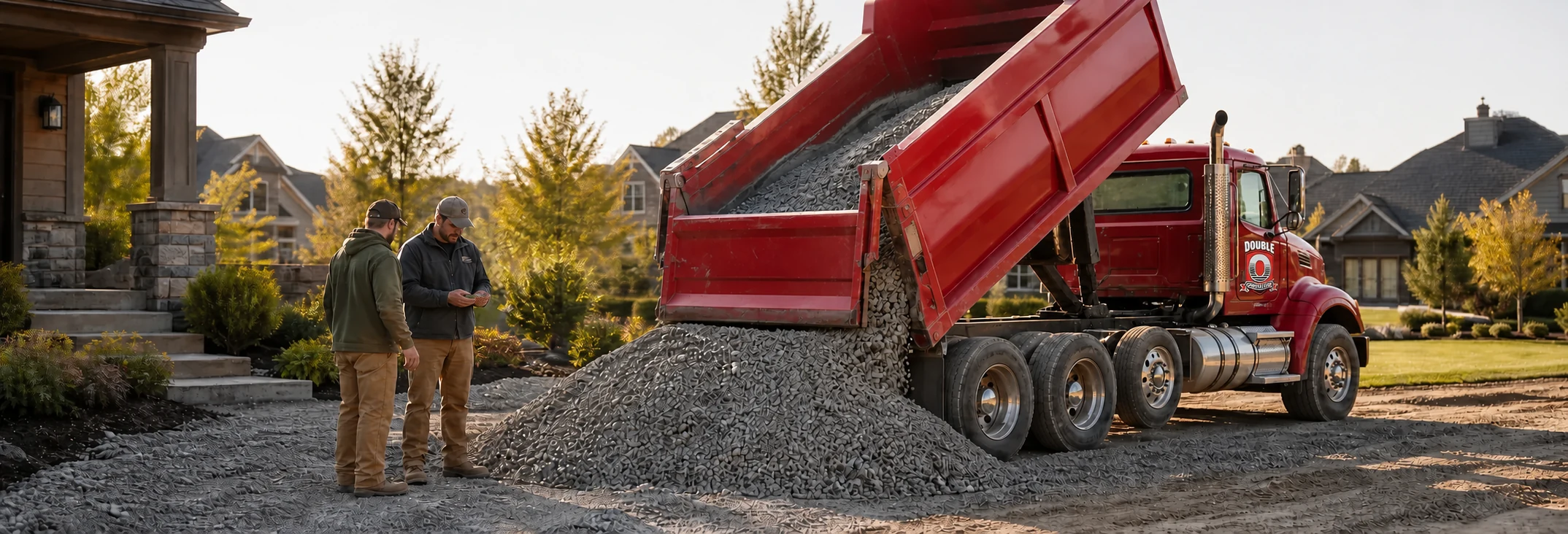 A red dump truck delivering gravel to a residential project